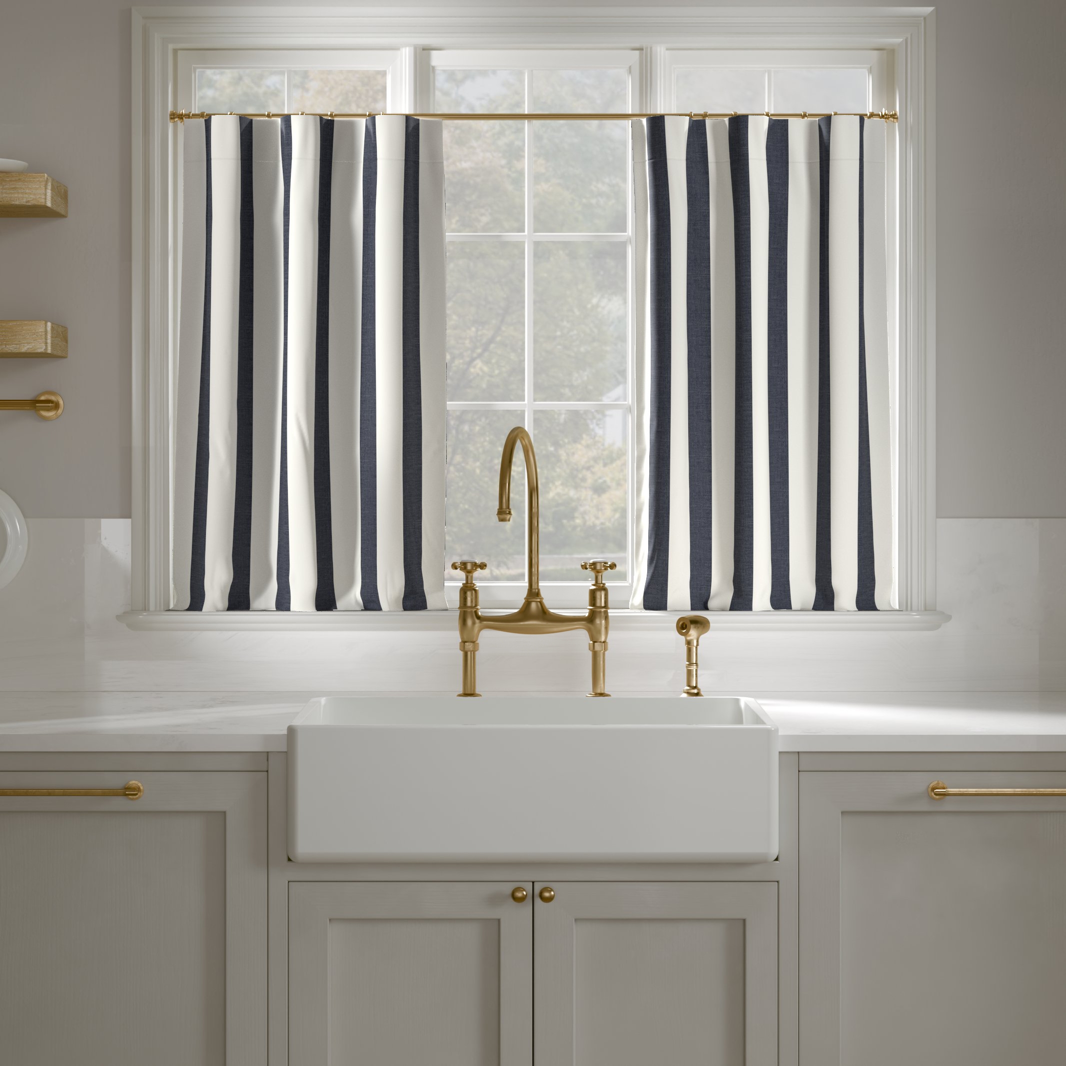 Printed Linen Café Curtain, Navy Cabana Stripe, 25" x 30", Privacy - Image 0