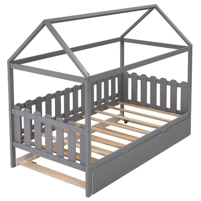 Twin Size House Bed With Trundle, Fence-Shaped Guardrail, White - Image 0