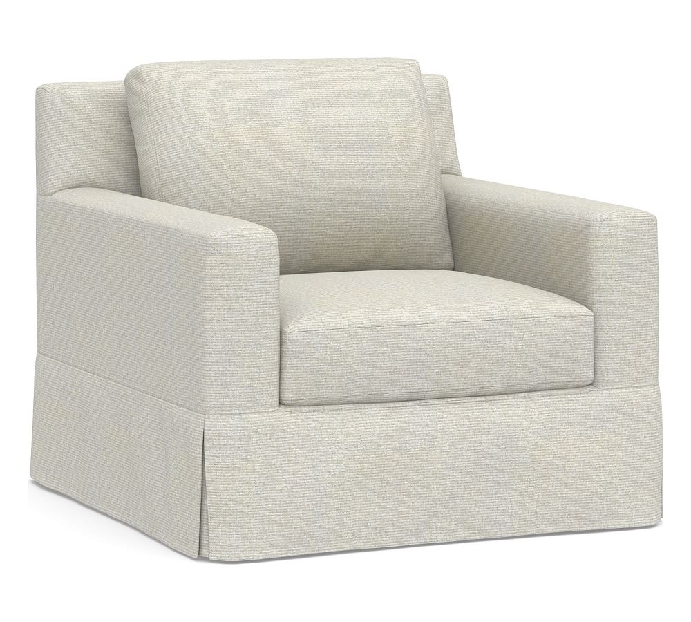 York Square Arm Slipcovered Swivel Armchair, Down Blend Wrapped Cushions, Performance Heathered Basketweave Dove - Image 0