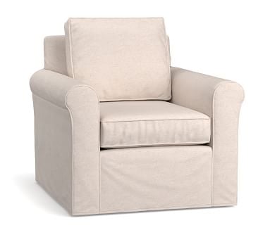 Cameron Roll Arm Slipcovered Deep Seat Swivel Armchair, Polyester Wrapped Cushions, Park Weave Ash - Image 1