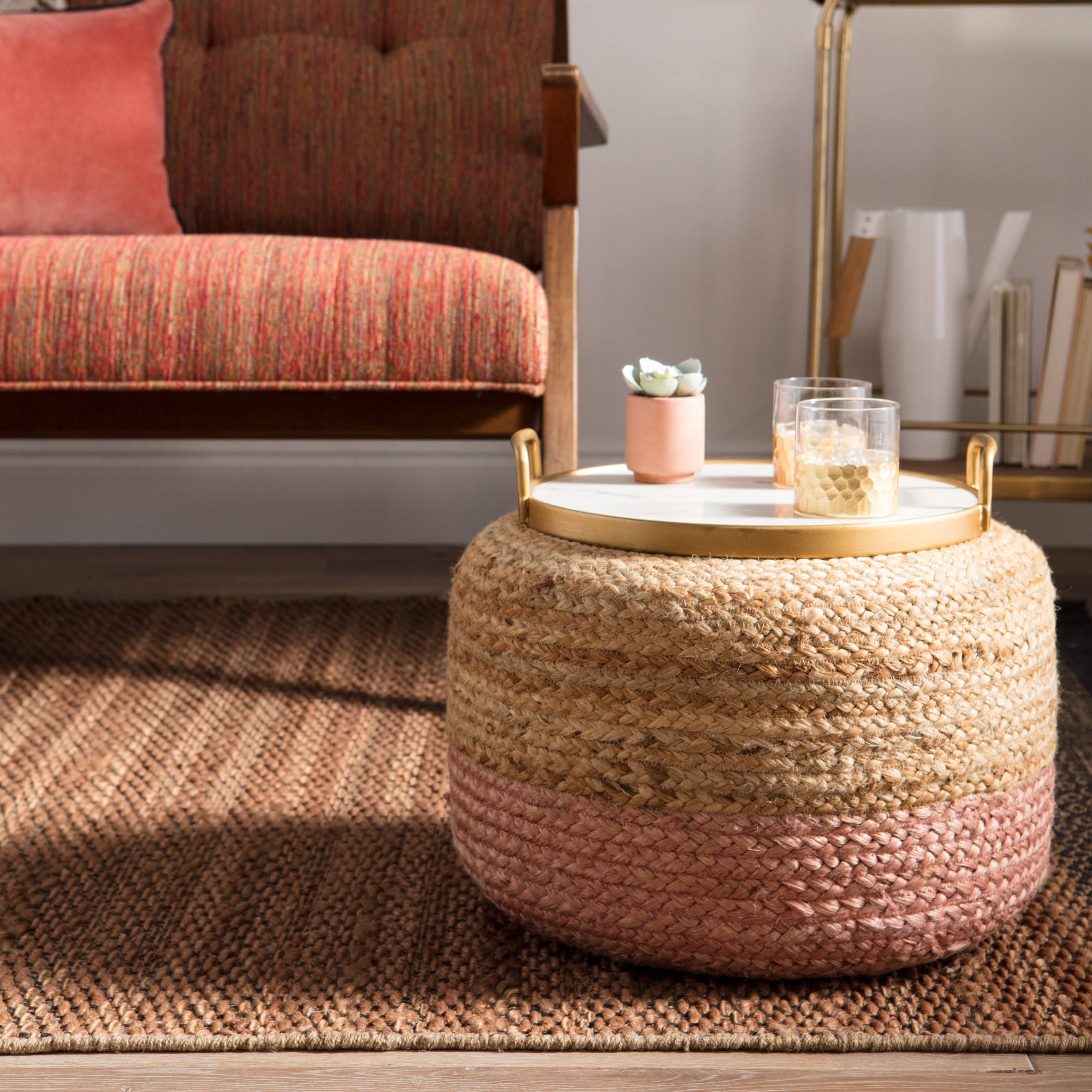 Oliana Ombre Beige/ Light Pink Cylinder Pouf - Image 2