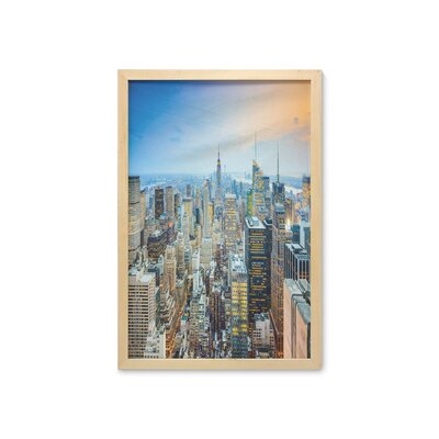Ambesonne American Wall Art With Frame, New York City Aerial With Skyscrapers Manhattan Urban Architecture Panorama, Printed Fabric Poster For Bathroom Living Room Dorms, 23" X 35", Grey Blue Peach - Image 0