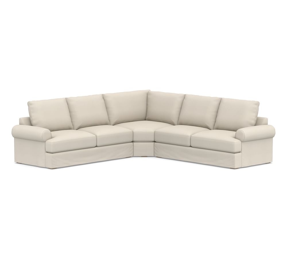 Canyon Roll Arm Slipcovered 3-Piece L-Shaped Wedge Sectional, Down Blend Wrapped Cushions, Twill Cream - Image 0