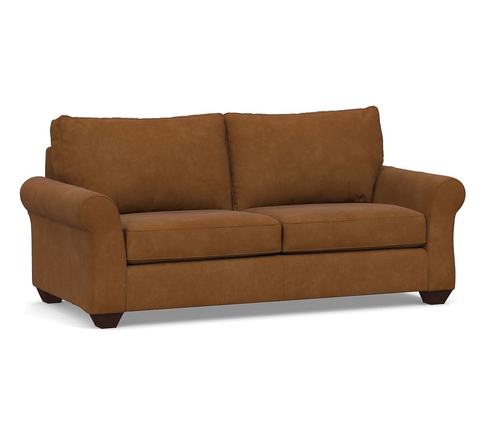 PB Comfort Roll Arm Leather Sofa 83.5", Polyester Wrapped Cushions, Nubuck Caramel - Image 0