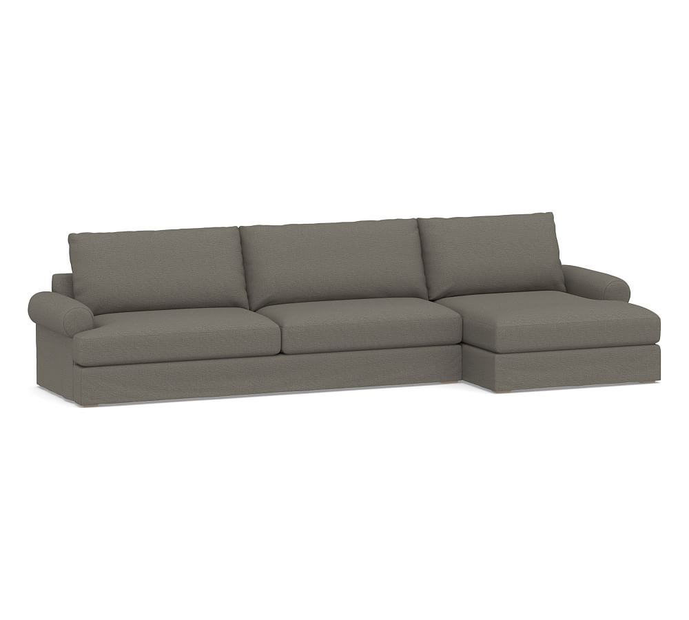 Canyon Roll Arm Slipcovered Left Arm Sofa with Double Chaise Sectional, Down Blend Wrapped Cushions, Chunky Basketweave Metal - Image 0