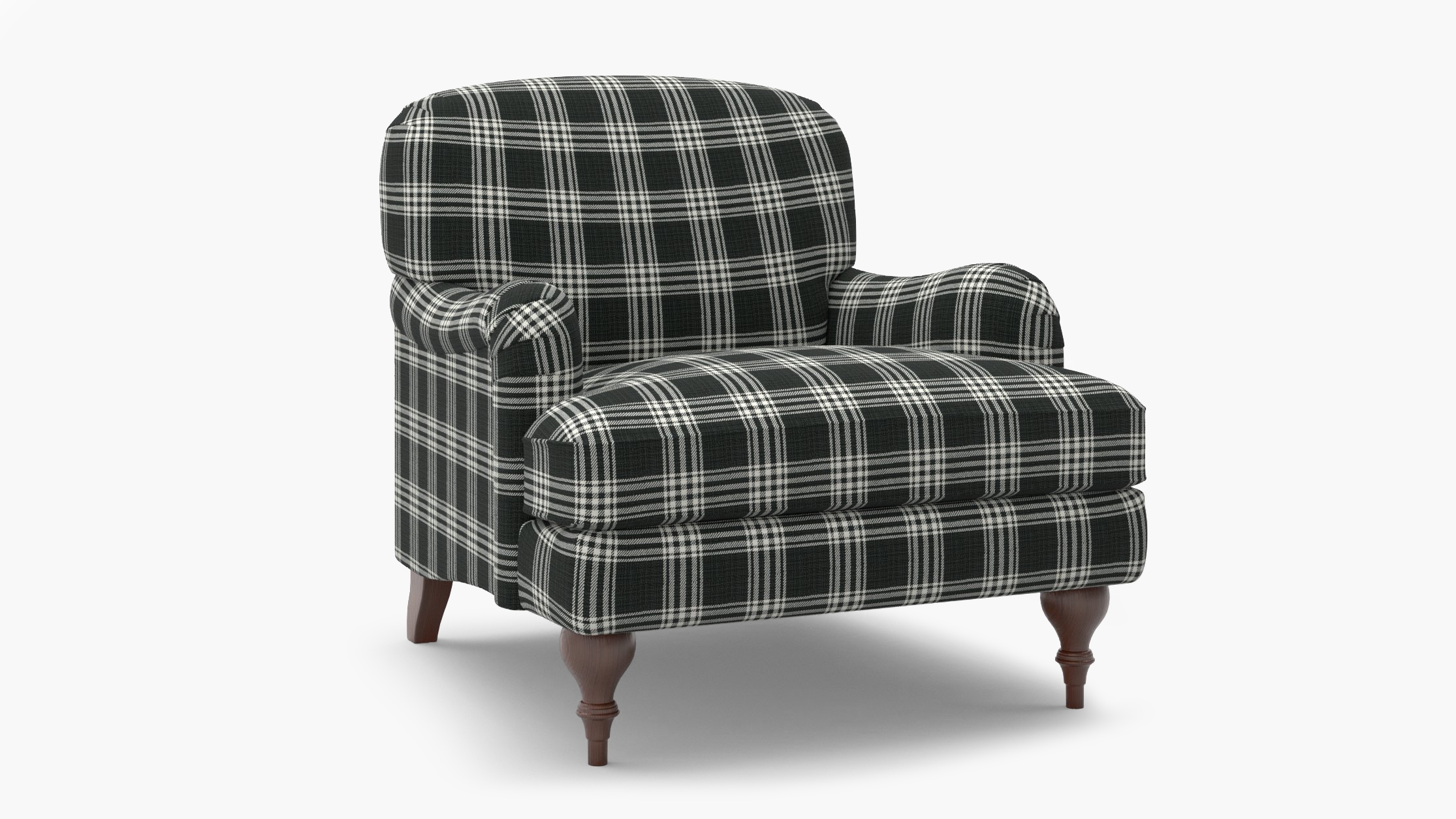 English Roll Arm Chair, Barnegat Plaid, Walnut Turned Wood Leg - Image 1
