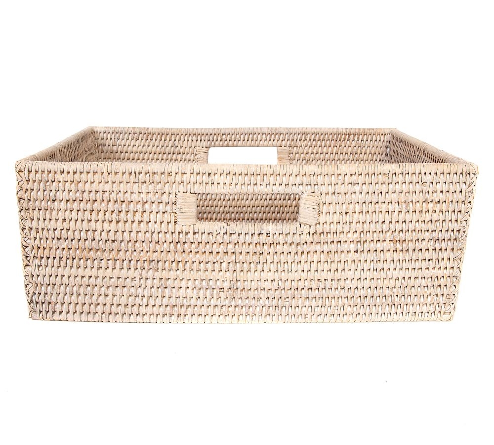 Tava Handwoven Rattan Rectangular Shelf Basket, White Wash - Image 0
