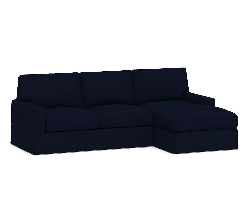 PB Comfort Square Arm Slipcovered Left Arm Loveseat with Chaise Sectional, Box Edge, Down Blend Wrapped Cushions, Performance Everydaylinen(TM) by Crypton(R) Home Navy - Image 0