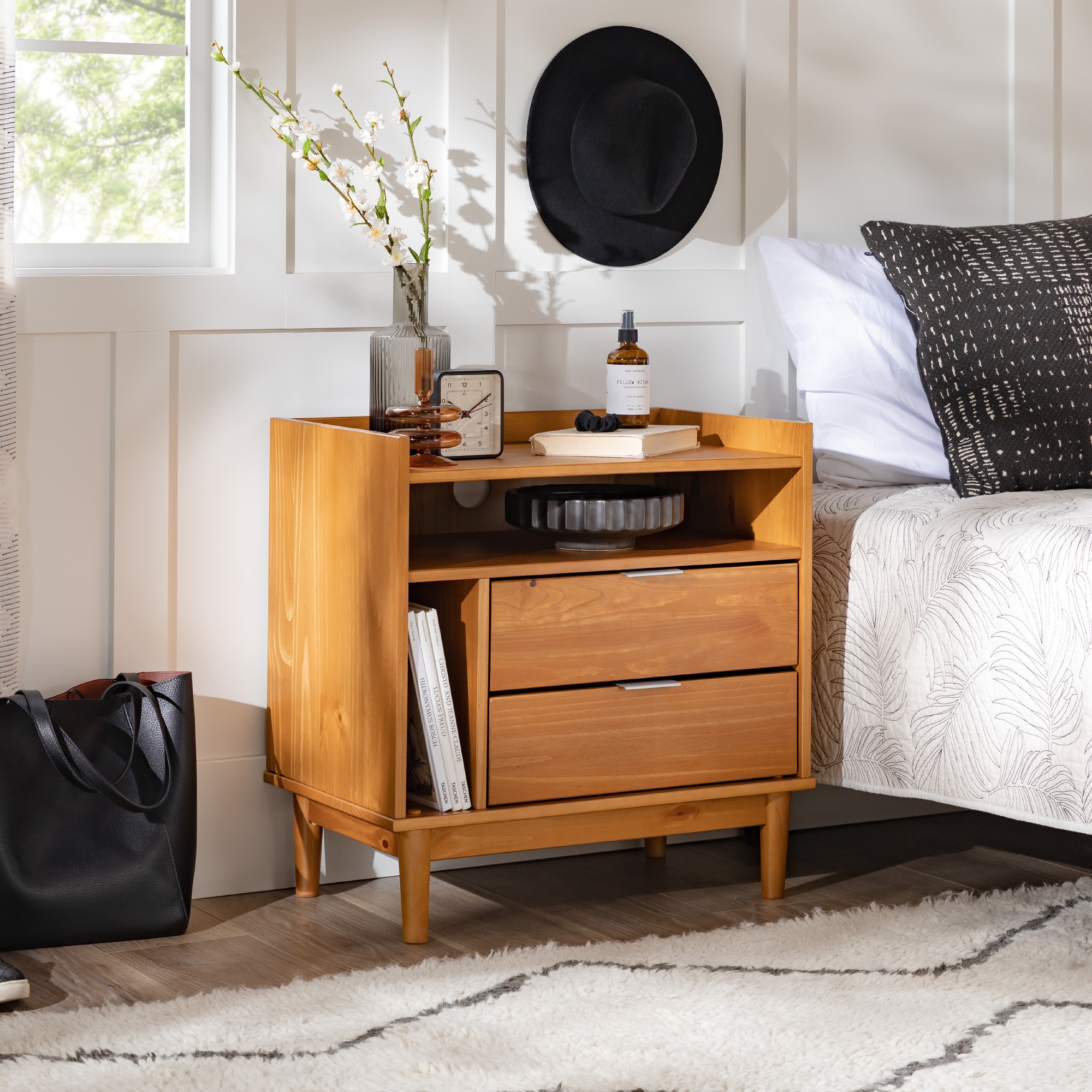 Mid-Century Modern Solid Wood 2-Drawer Nightstand – Caramel  - Image 5