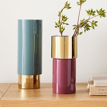 Brass And Enamel Tube Vase, Wine And Ocean, Medium And Large, Set of 2 - Image 0