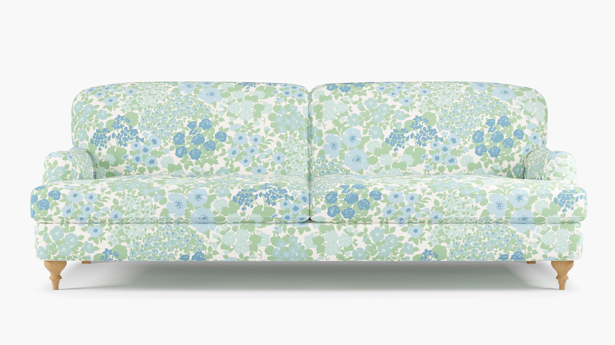 English Roll Arm Sofa, Mist Million Flowers, Natural Turned Wood Leg - Image 0
