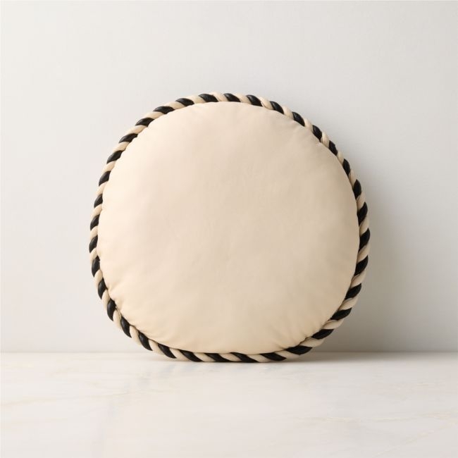 Marlon Warm White and Black Twisted Leather Round Throw Pillow 16" - Image 0