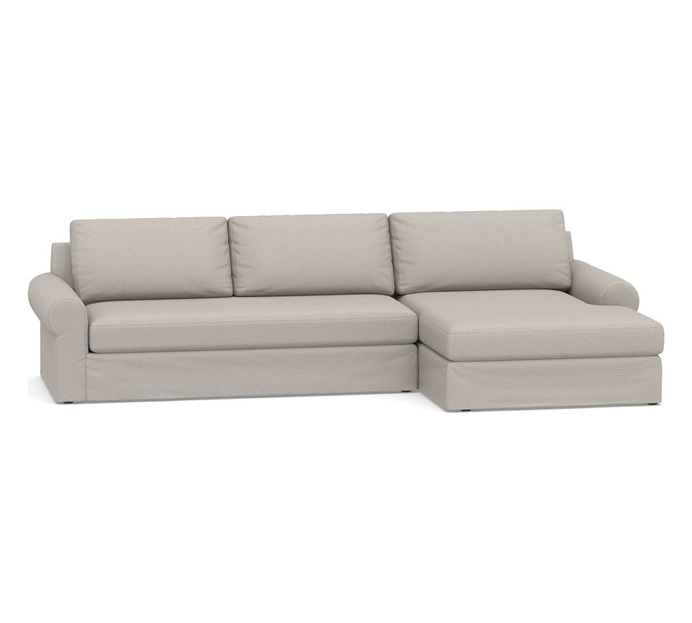 Big Sur Roll Arm Slipcovered Left Arm Sofa with Double Chaise Sectional and Bench Cushion, Down Blend Wrapped Cushions, Chunky Basketweave Stone - Image 0