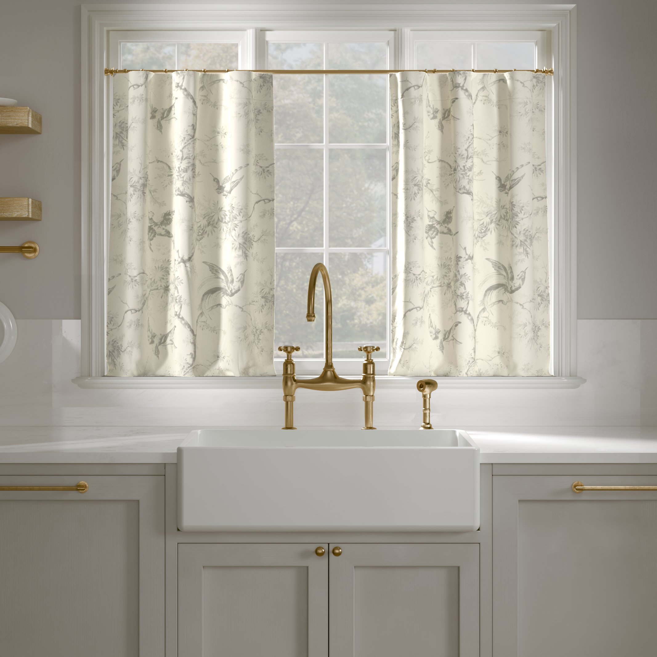 Printed Linen Café Curtain, Cream Swallows, 25" x 24", Privacy - Image 0