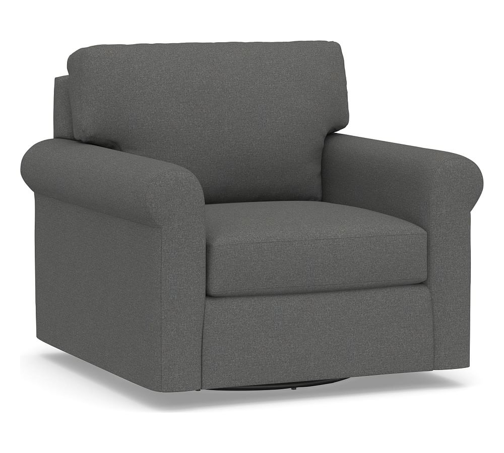 York Roll Arm Upholstered Swivel Armchair, Down Blend Wrapped Cushions, Park Weave Charcoal - Image 0