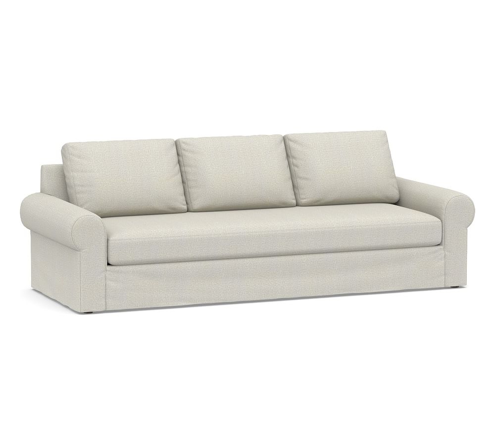 Big Sur Roll Arm Slipcovered Grand Sofa 106" with Bench Cushion, Down Blend Wrapped Cushions, Performance Heathered Basketweave Dove - Image 0