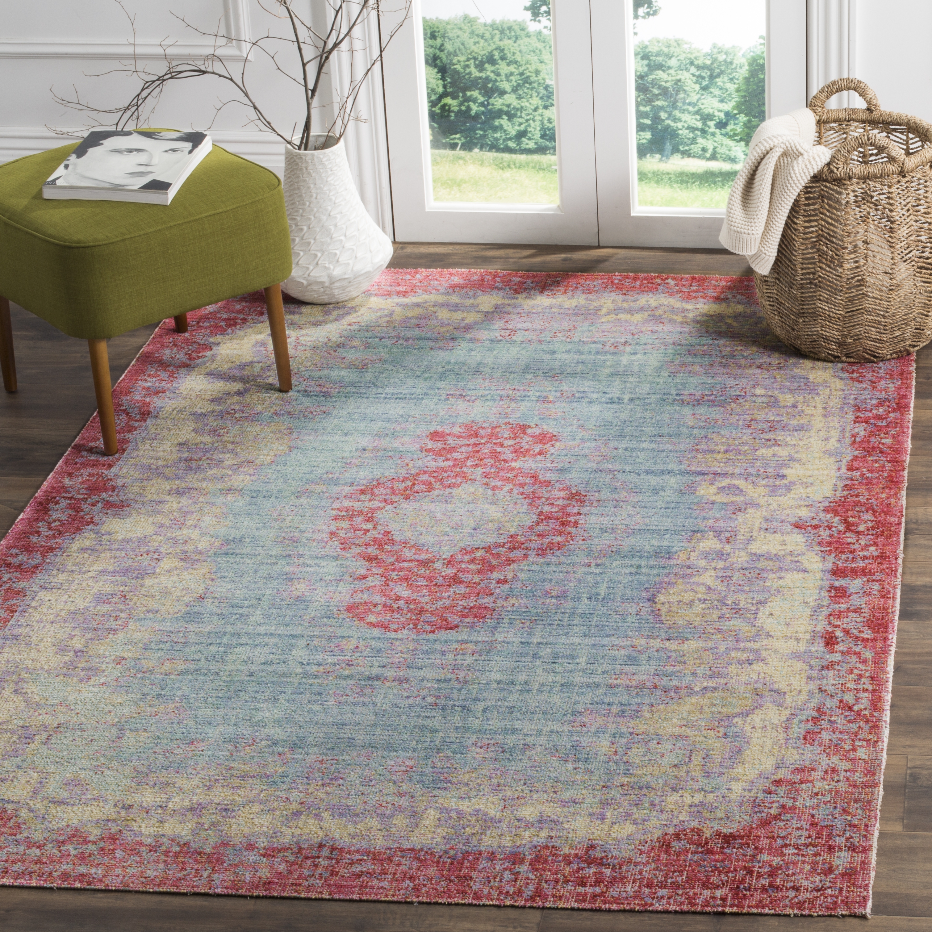 Arlo Home Woven Area Rug, WDS305A, Light Blue/Fuchsia,  5' X 7' - Image 1