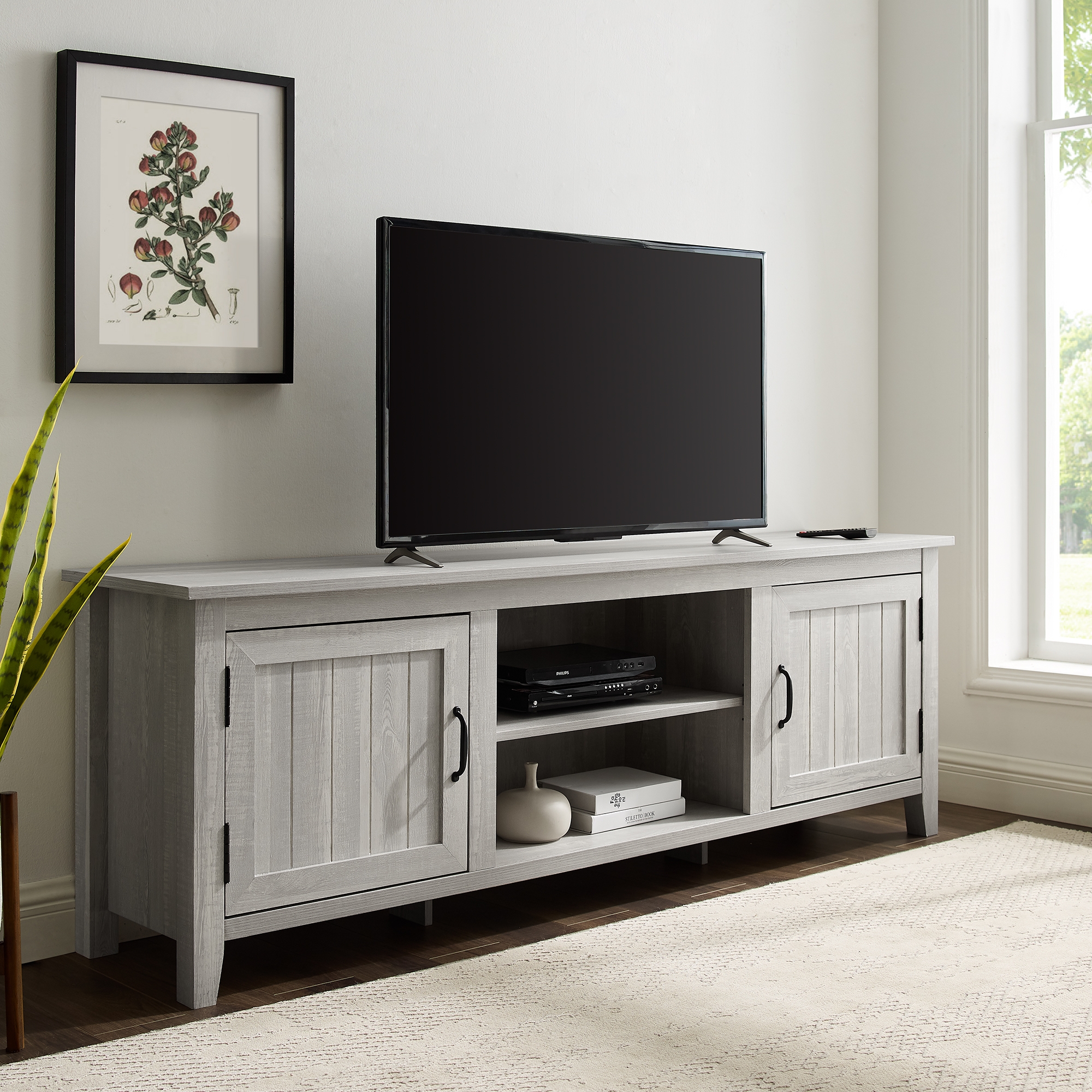 70" Modern Farmhouse Simple Grooved Door Wood TV Stand - Stone Grey - Image 4