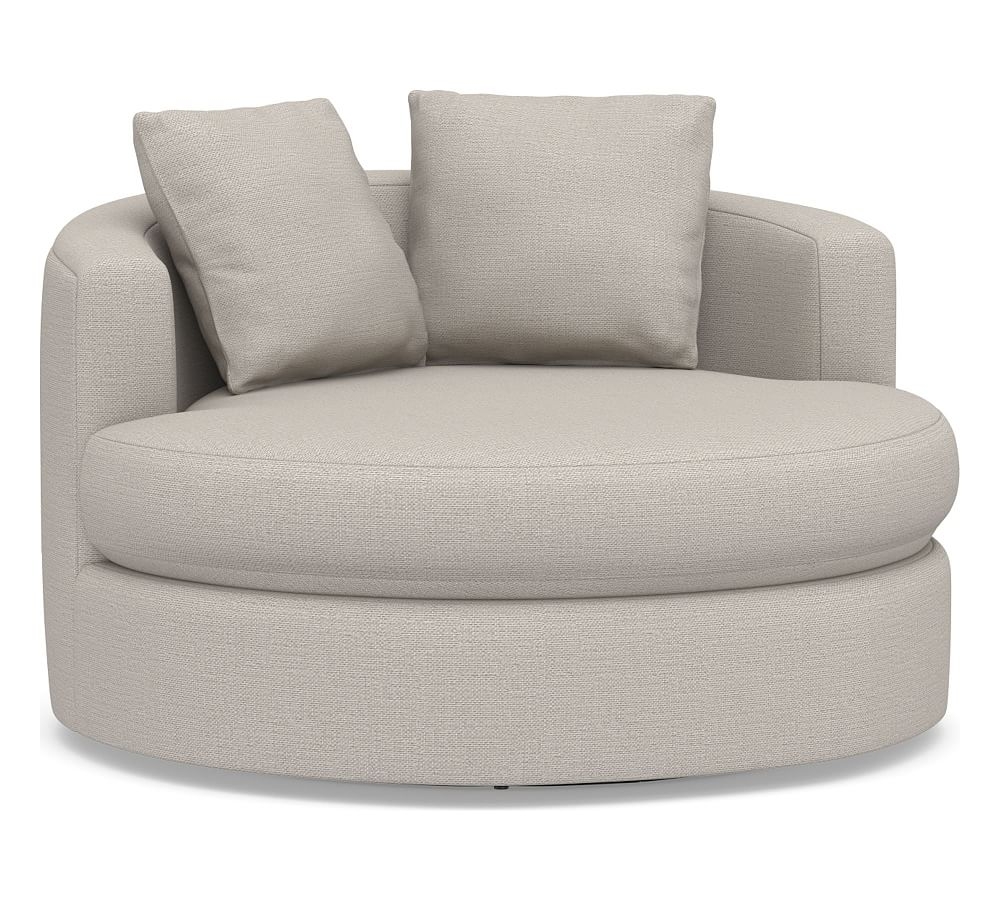 Balboa Upholstered Grand Swivel Armchair, Polyester Wrapped Cushions, Chunky Basketweave Stone - Image 0