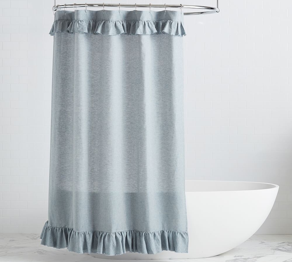 Chambray Belgian Linen Ruffle Shower Curtain, 72x72" - Image 0