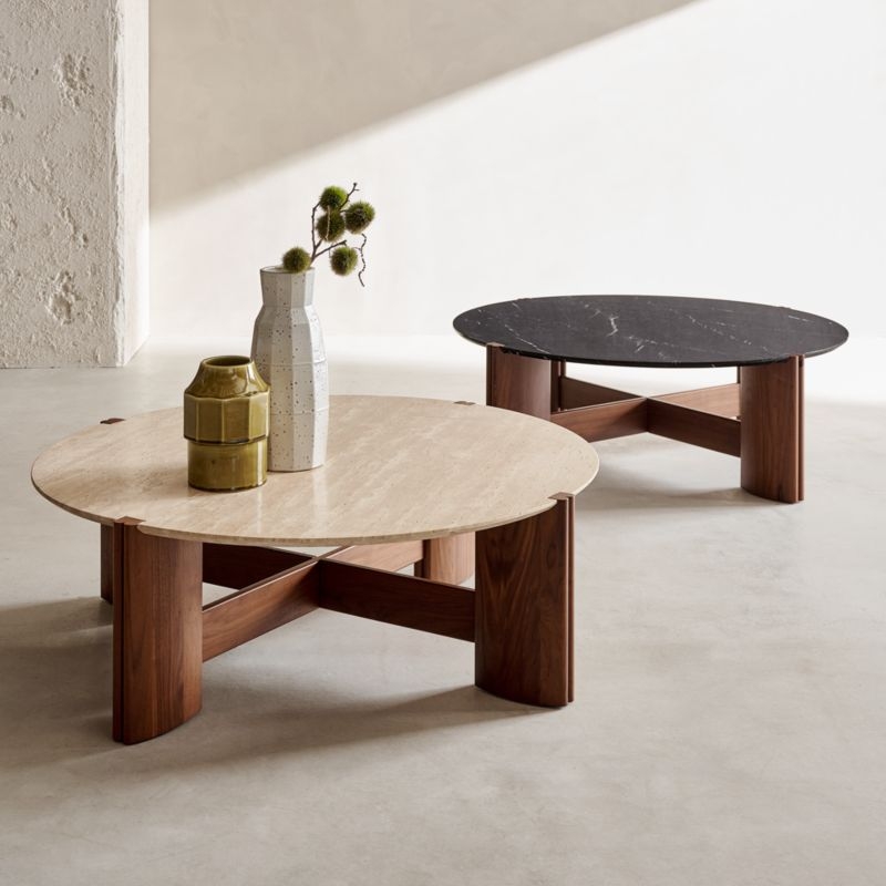 Tule 47" Round Black Marble and Walnut Wood Coffee Table - Image 2