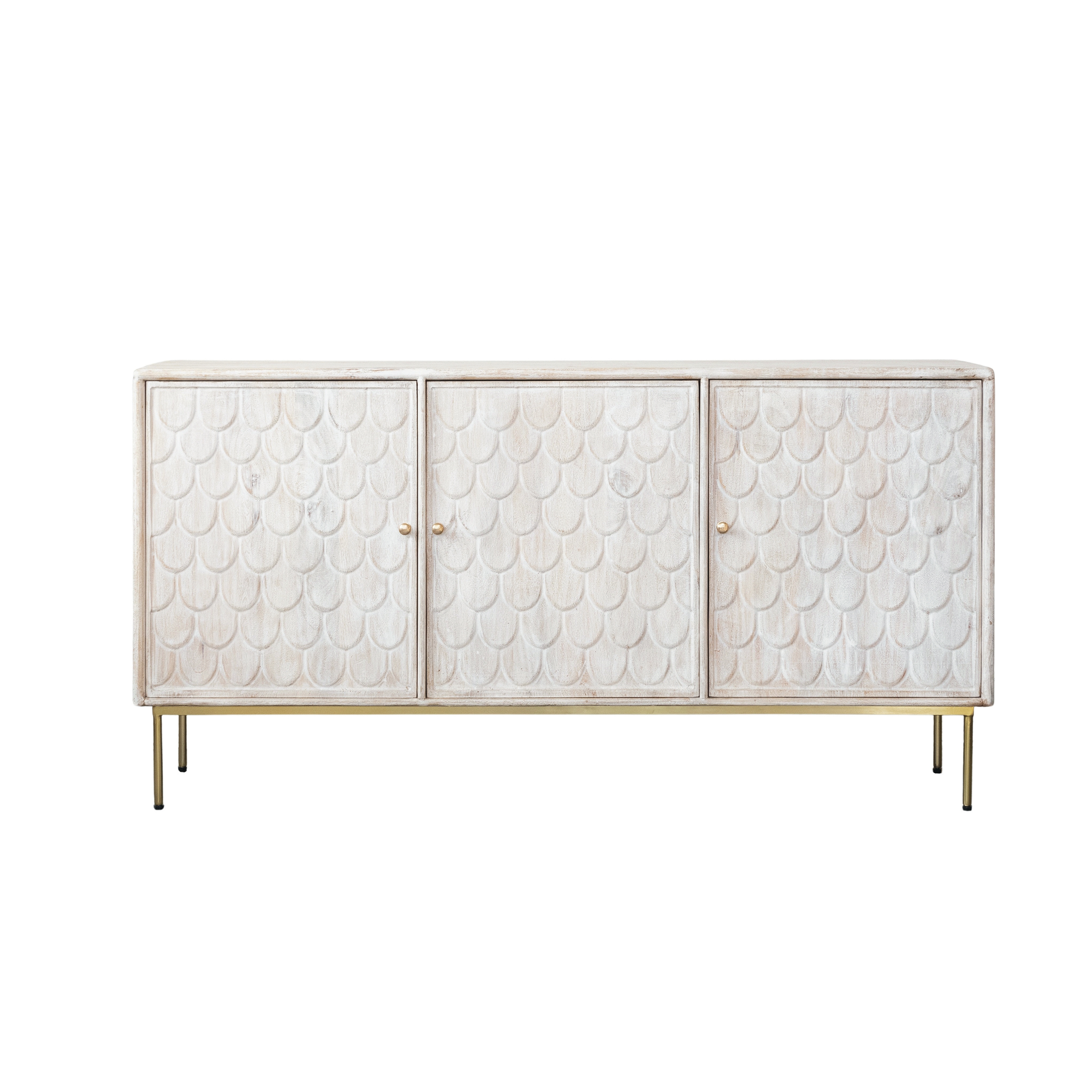 Mango Wood Scalloped Console with 3 Doors and 3 Shelves, White - Image 0
