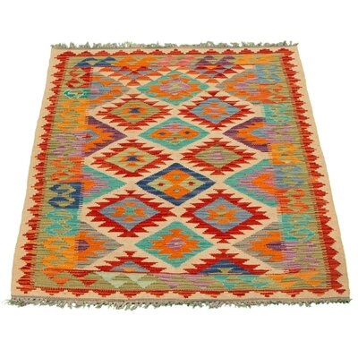 One-of-a-Kind Hand-Knotted New Age 3'3" x 4'11" Wool Area Rug in Cream/Red - Image 0