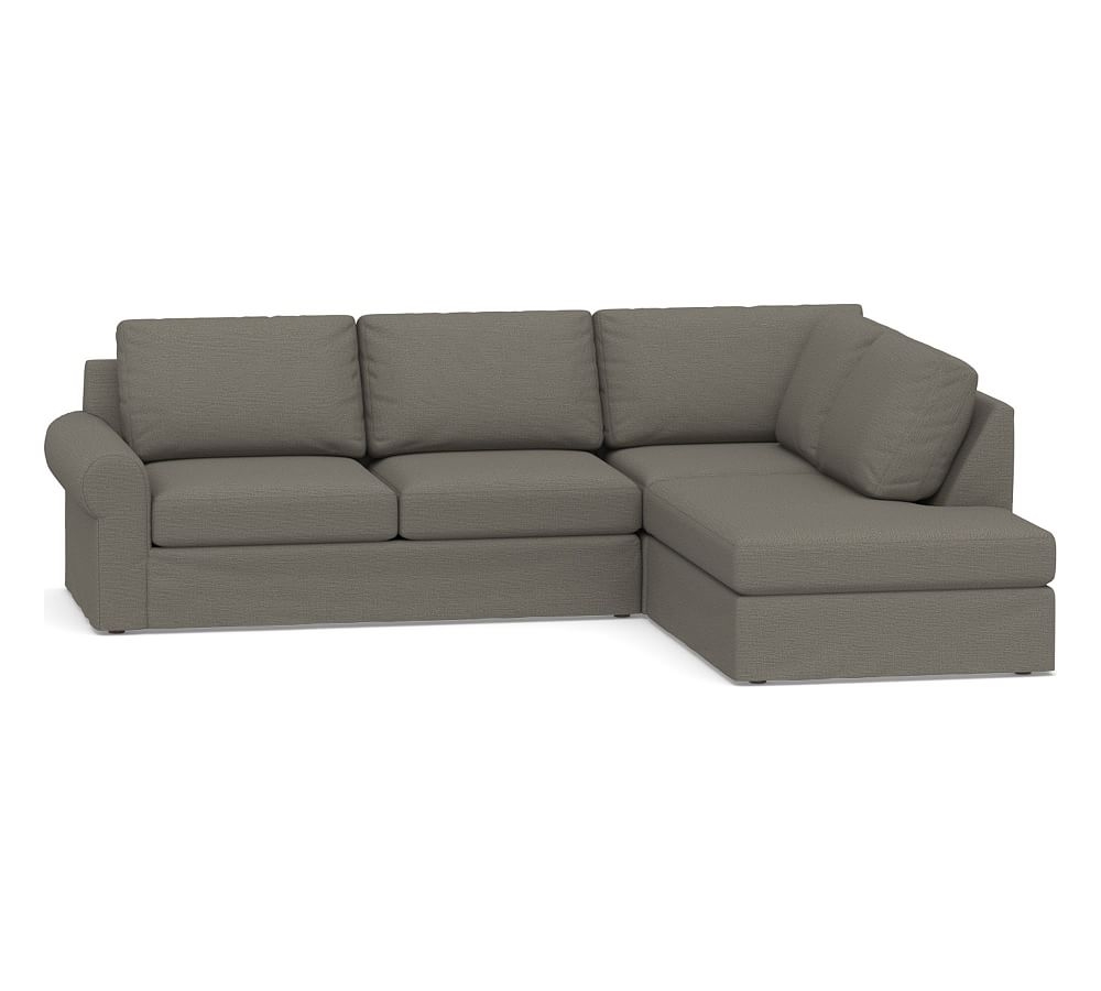 Big Sur Roll Arm Slipcovered Left 3-Piece Bumper Sectional, Down Blend Wrapped Cushions, Chunky Basketweave Metal - Image 0