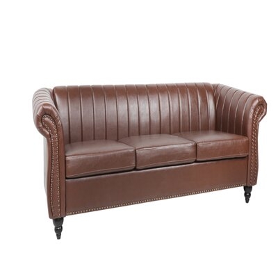 84" PU Leather Rolled Arm Chesterfield Three Seater Sofa With Solid Wood Foot - Image 0