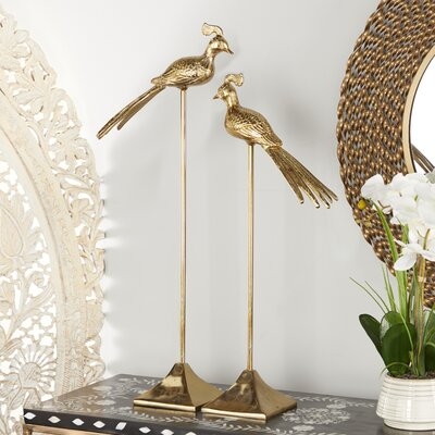 Tall Gold Metal Birds On Square Stand, Set Of 2: 28", 32" - Image 0