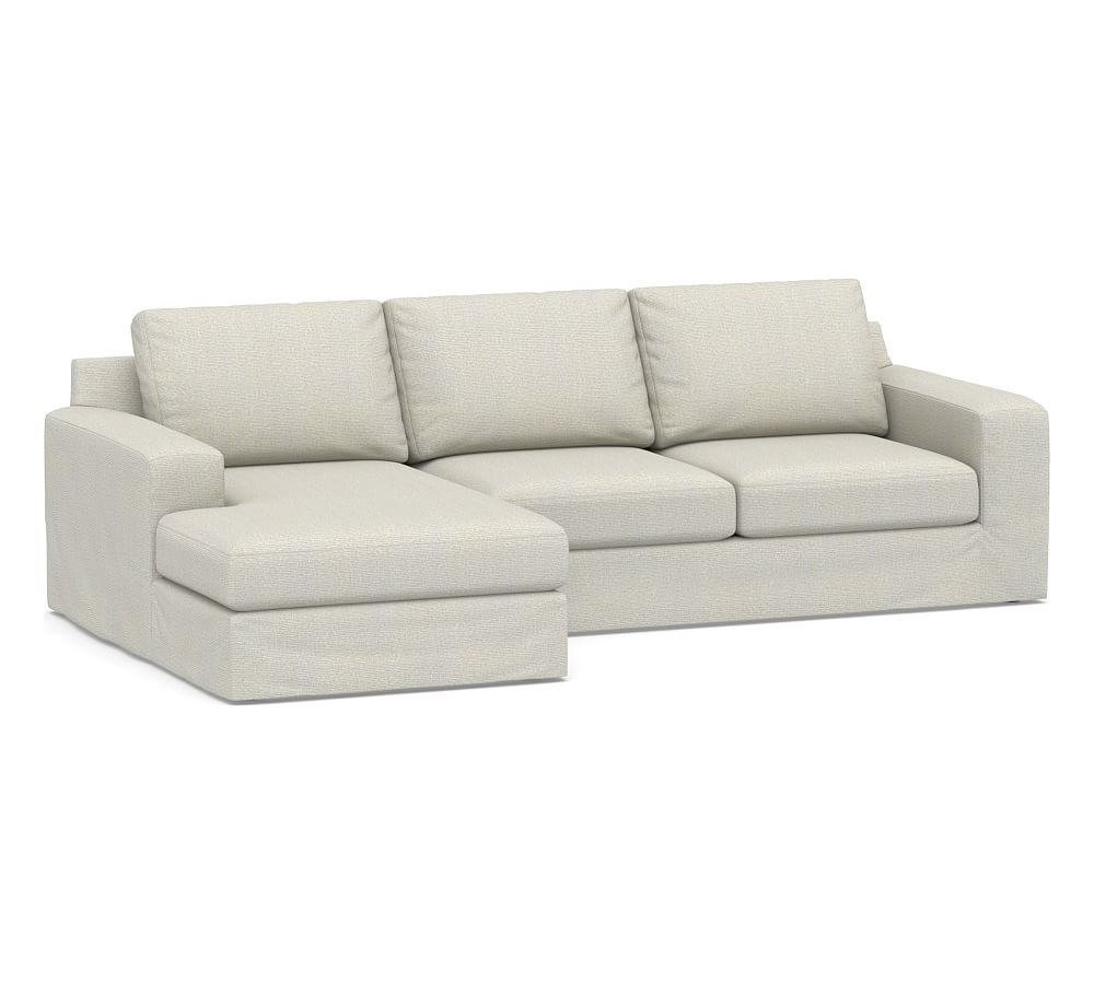 Big Sur Square Arm Slipcovered Right Arm Loveseat with Chaise Sectional, Down Blend Wrapped Cushions, Performance Heathered Basketweave Dove - Image 0