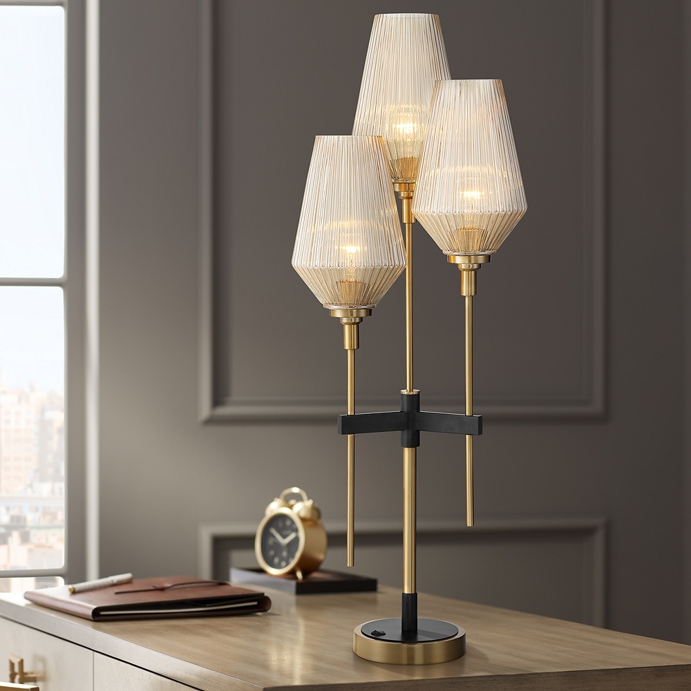 Axiom Brass Three Light Glass Shade Console Lamp - Style # 89G38 - Image 0