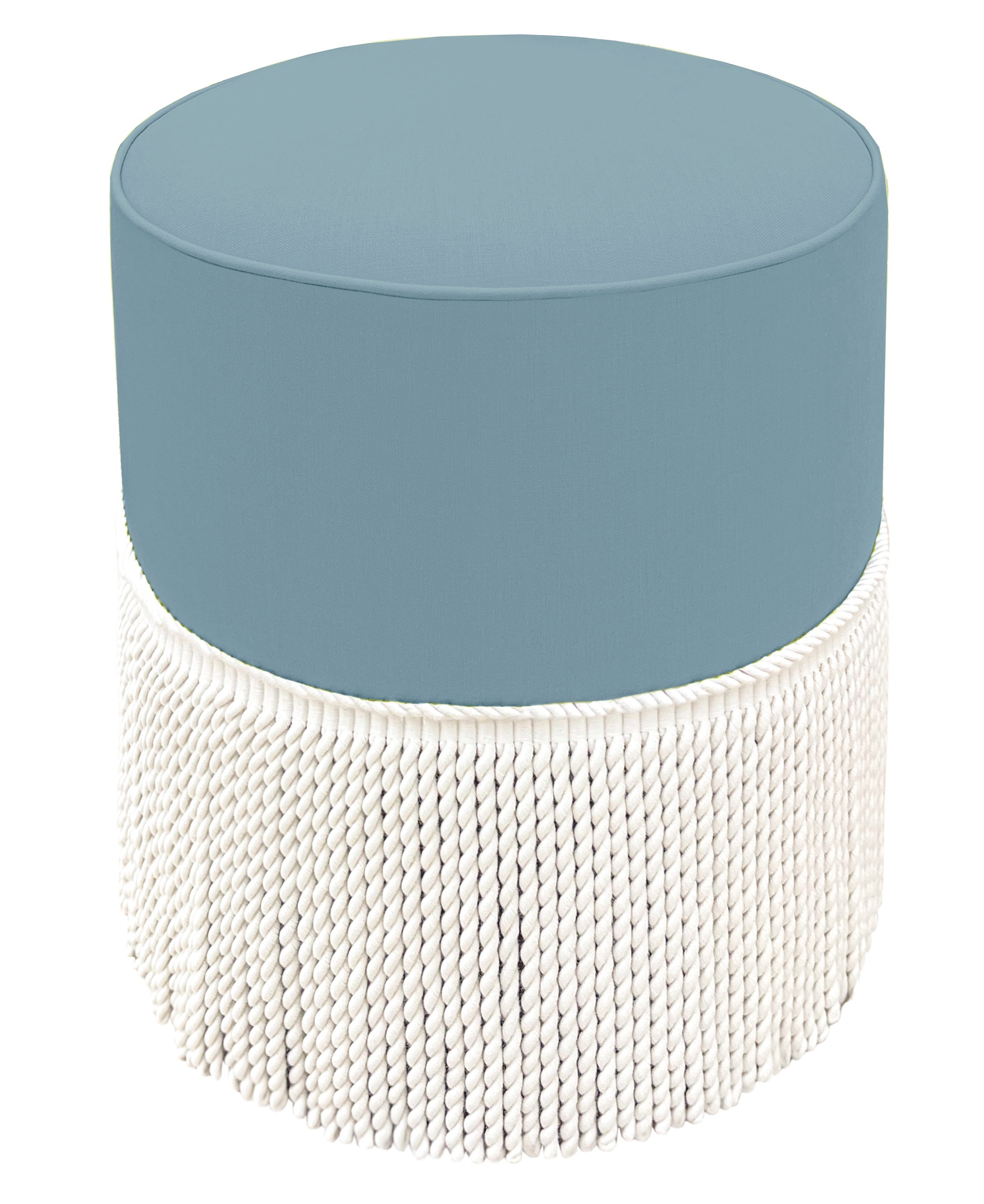 THE TIGHT ROUND OTTOMAN :: CLASSIC LINEN // HYDRANGEA BLUE + BULLION FRINGE - 17" Diameter X 19" Height / Hydrangea Blue - Image 0