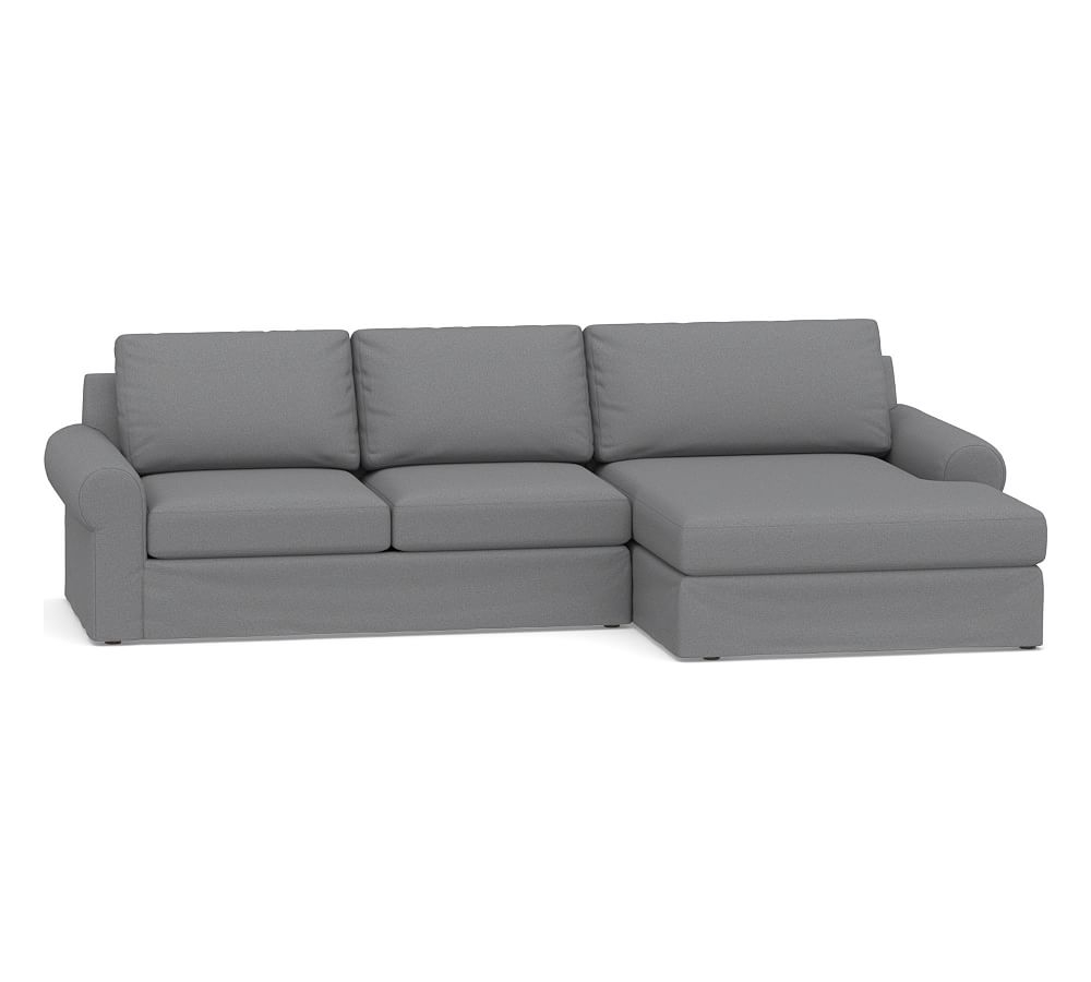 Big Sur Roll Arm Slipcovered Left Arm Loveseat with Double Chaise Sectional, Down Blend Wrapped Cushions, Textured Twill Light Gray - Image 0