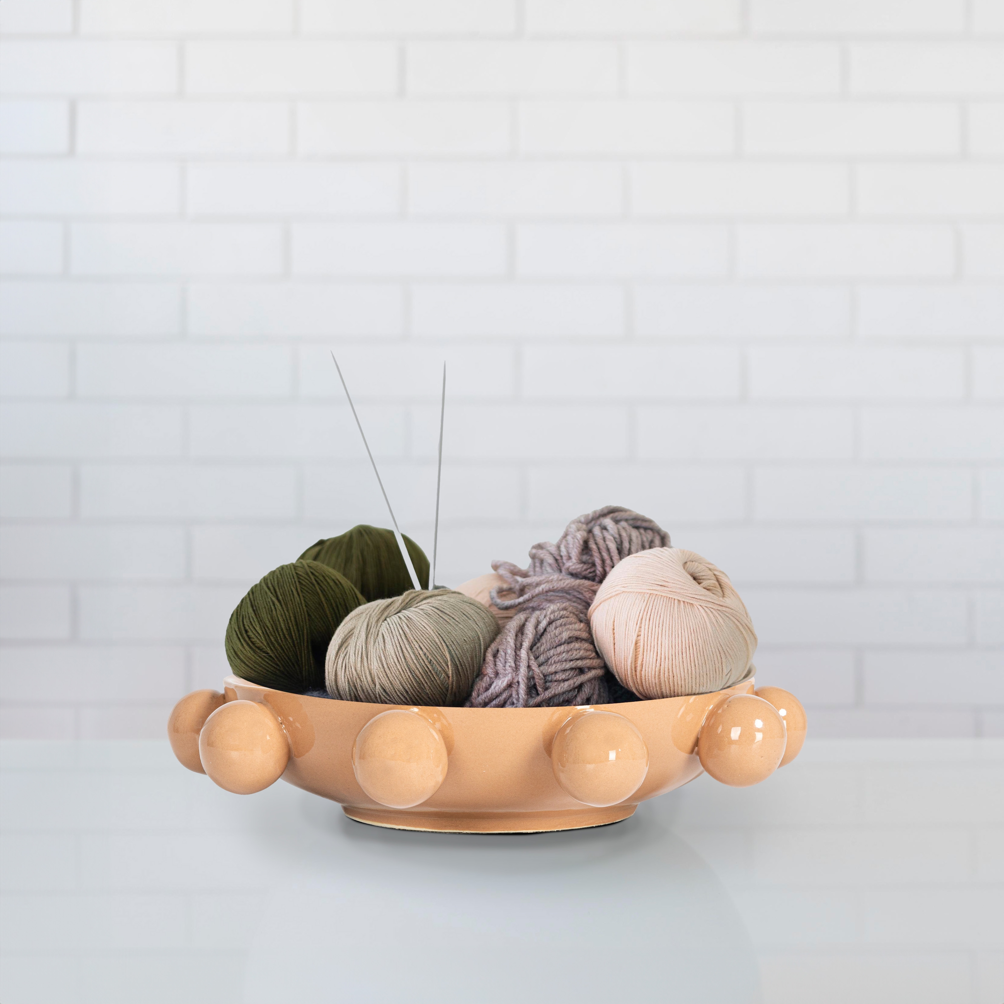 9.75 Inches Stoneware Bowl with Orbs and Reactive Glaze, Nude - Image 0