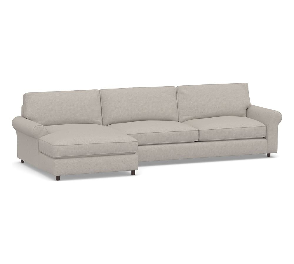 PB Comfort Roll Arm Upholstered Right Arm Sofa with Wide Chaise Sectional, Box Edge Down Blend Wrapped Cushions, Chunky Basketweave Stone - Image 0