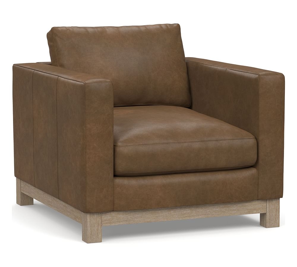 Jake Leather Armchair with Wood Legs, Down Blend Wrapped Cushions Churchfield Chocolate - Image 0