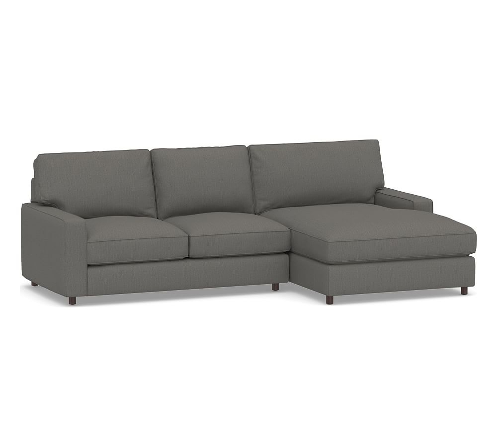 PB Comfort Square Arm Upholstered Left Arm Loveseat with Double Chaise Sectional, Box Edge Down Blend Wrapped Cushions, Sunbrella(R) Performance Boss Herringbone Charcoal - Image 0