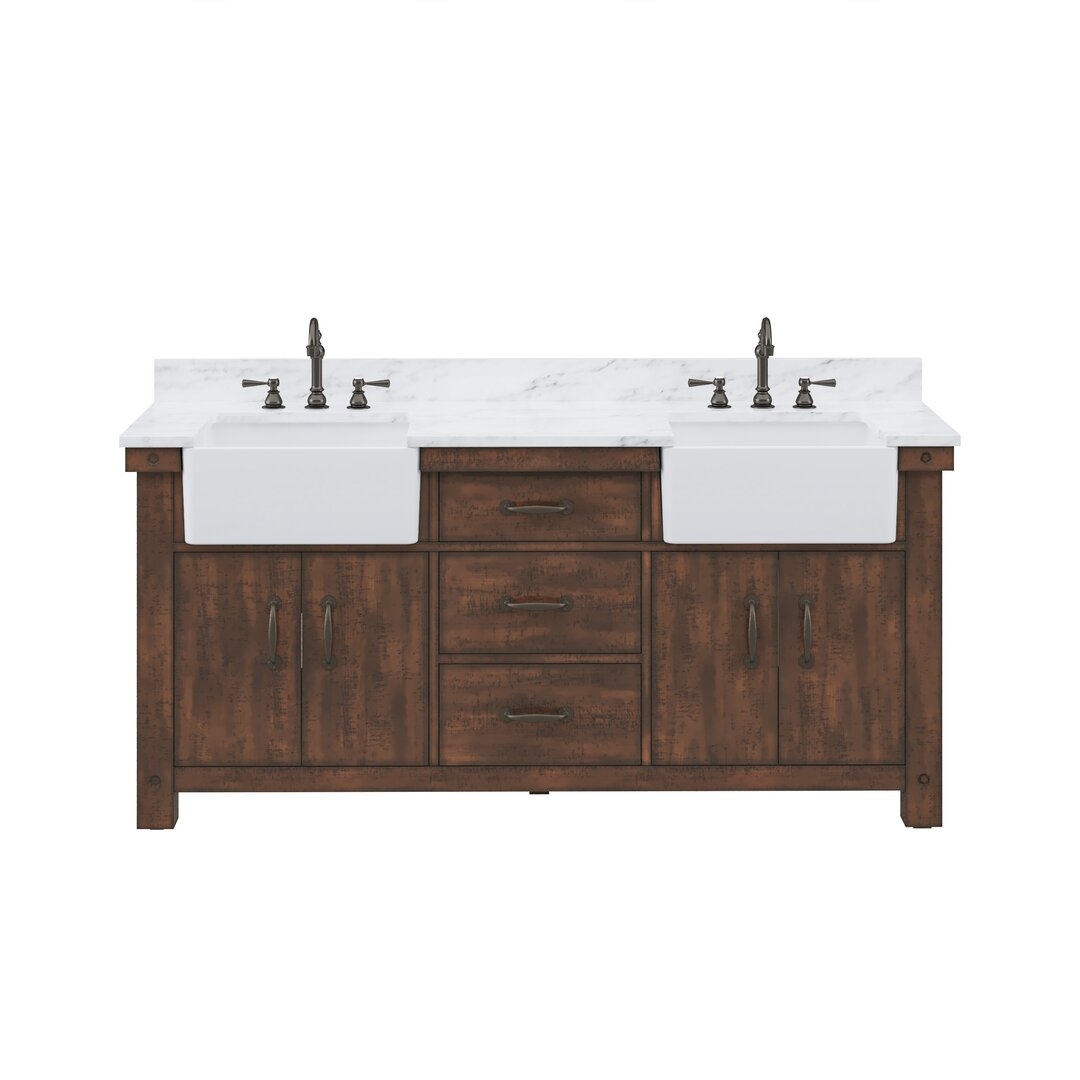 "Water Creation Paisley 72 In. Double Sink Carrara White Marble Countertop Vanity In Rustic Sienna With Hook Faucet" - Image 0