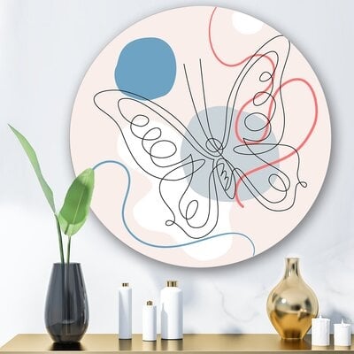 Butterfly One Line Drawing On Cubism Shapes III - Modern Metal Circle Wall Art - Image 0