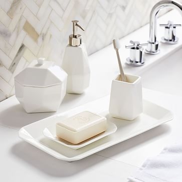 Faceted Porcelain Bath Accessories, White, Set of 5 - Image 0