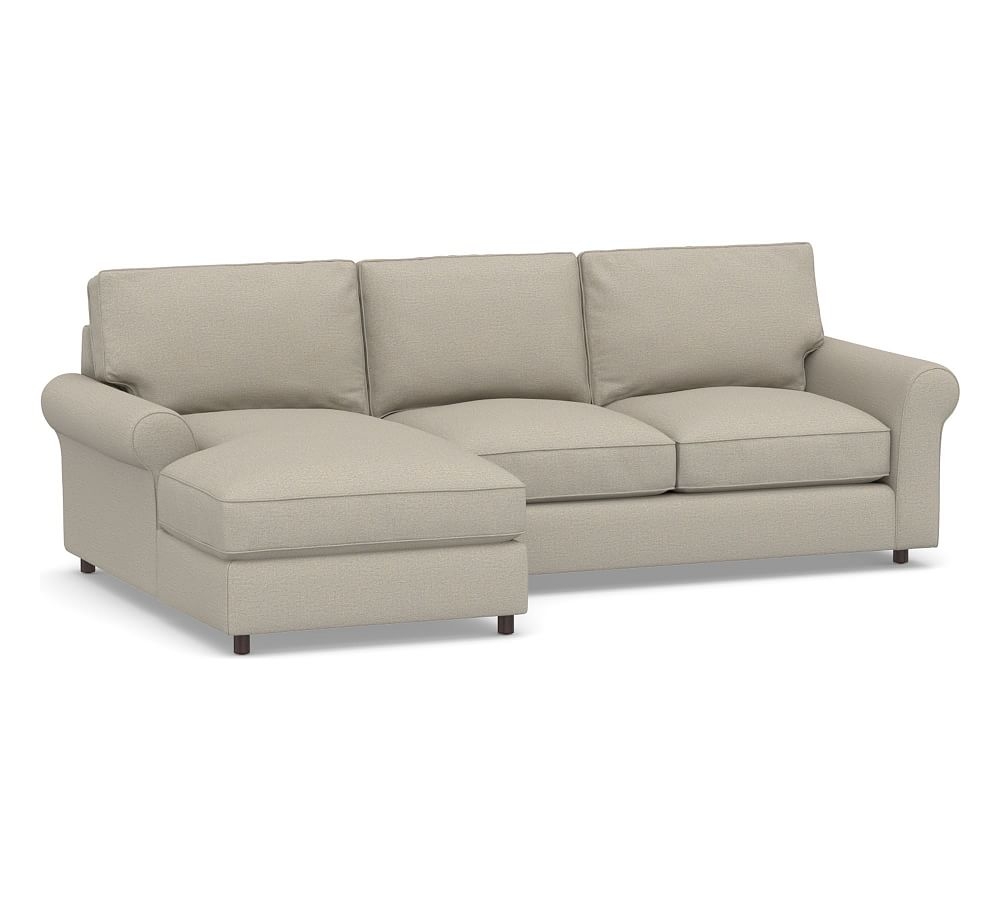 PB Comfort Roll Arm Upholstered Right Arm Loveseat with Chaise Sectional, Box Edge Memory Foam Cushions, Performance Boucle Fog - Image 0