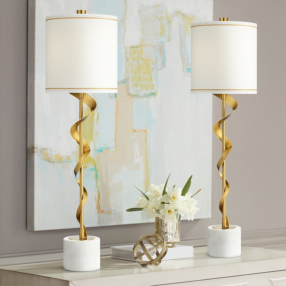 Possini Euro Ribbon 34 1/2" Marble and Gold Buffet Lamps Set of 2 - Image 0