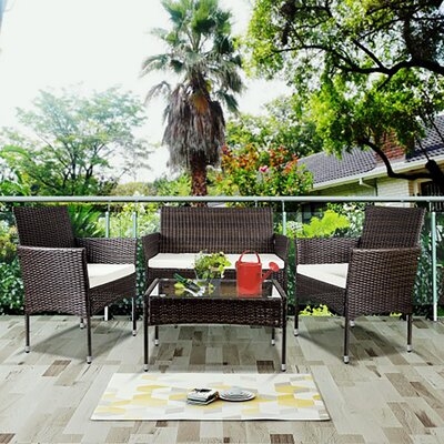 4 Pcs Outdoor Garden Rattan Patio Furniture Set Cushioned Seat Wicker Sofa (brown) - Image 0
