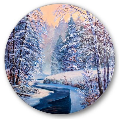 Pastel Christmas Forest With River - Lake House Metal Circle Wall Art - Image 0