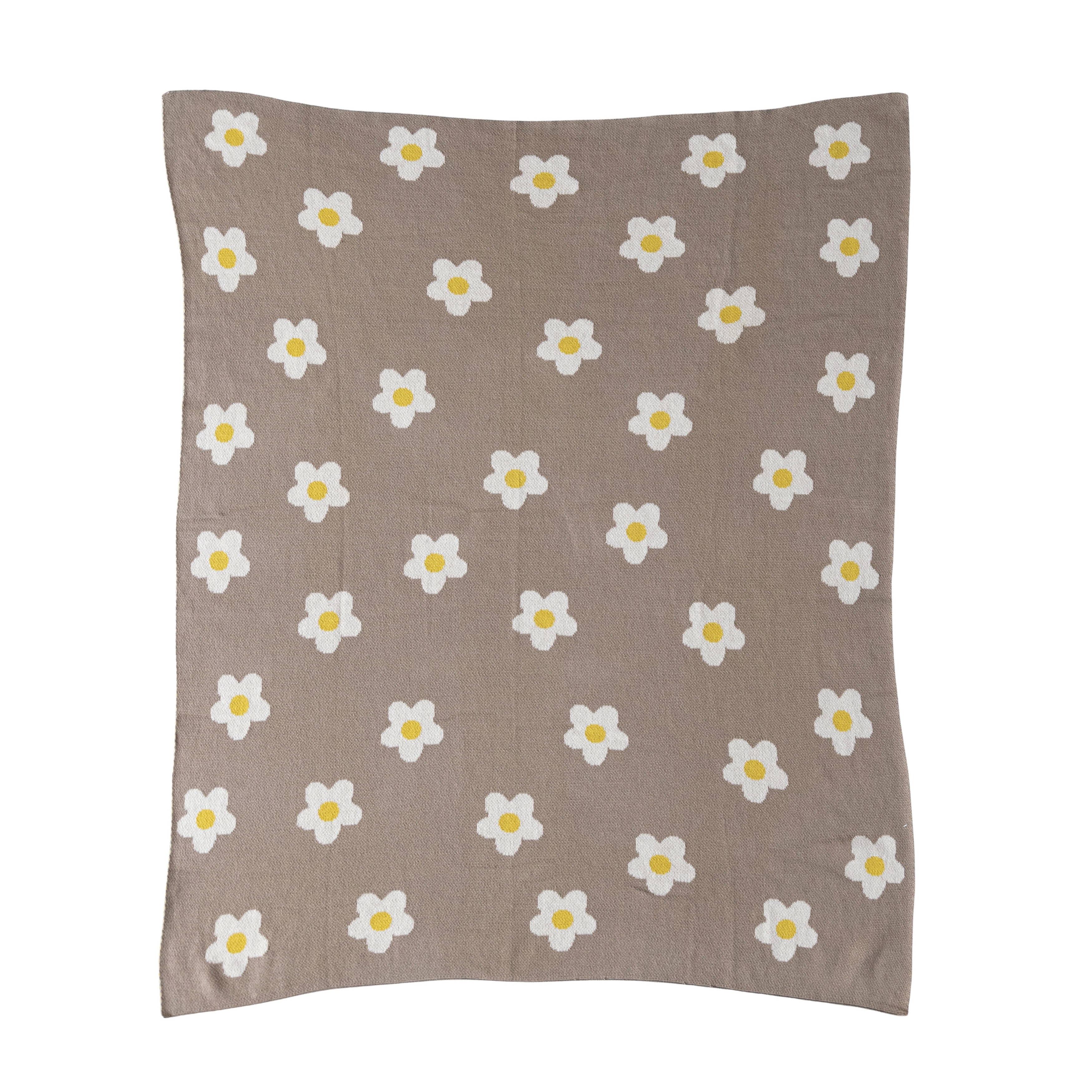 Cotton Knit Baby Blanket with Printed Flowers, Brown and White - Image 0