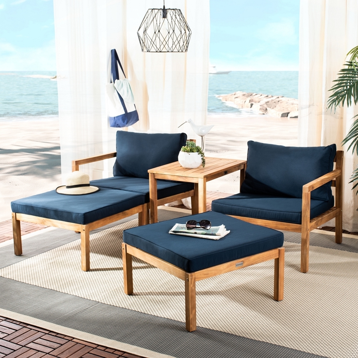 Pratia 5 Pc Outdoor Set - Natural/Navy - Safavieh - Image 1