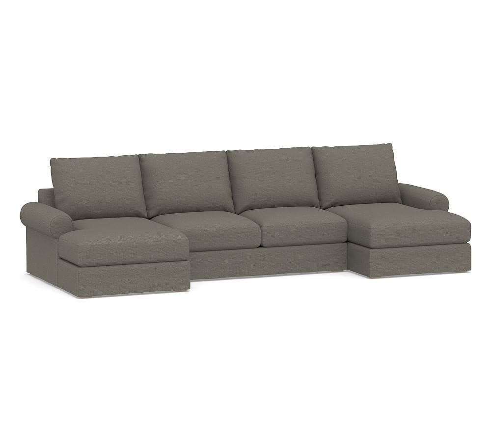 Canyon Roll Arm Slipcovered U-Chaise Loveseat Sectional, Down Blend Wrapped Cushions, Chunky Basketweave Metal - Image 0