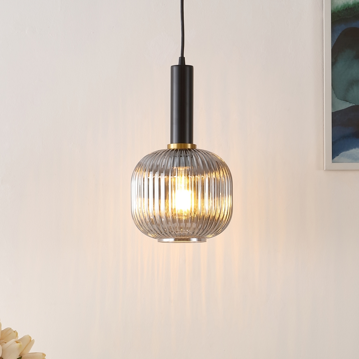 Rynner 8 Inch Pendant - Smoke Grey/Black - Safavieh - Image 6