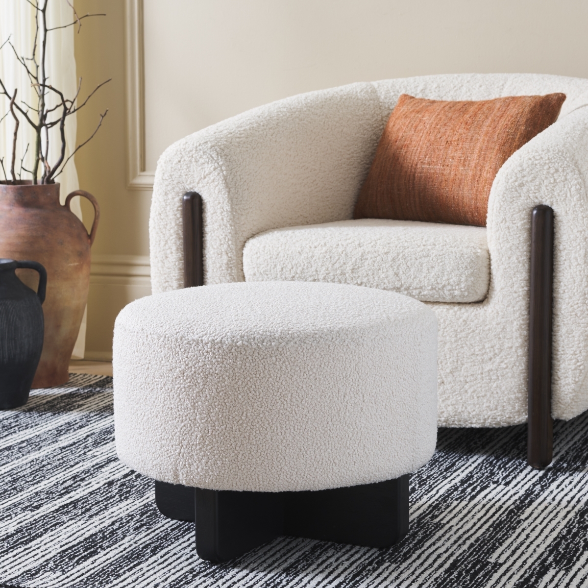Riah Boucle Round Ottoman - Off White / Black - Safavieh - Image 1
